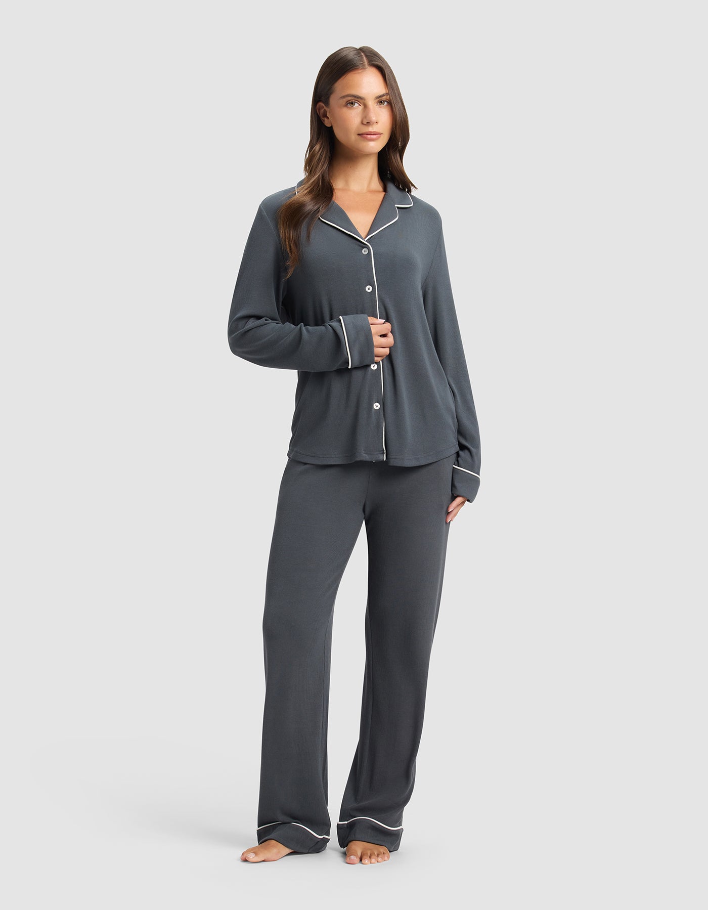 Women's Bamboo Rib-Knit Classic Long Sleeve Pajama Set - Image 3